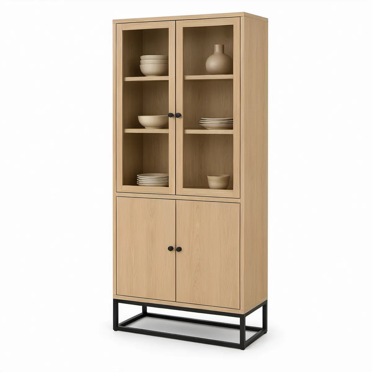 Prosklená skříň 80 × 40 × 190 cm ze světlého dubového dekoru s černou kovovou podnoží